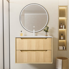 32-Inch Floating Bathroom Vanity with Sink, Pre-assembled, Natural Oak Grid Texture Front, Multi-Layer Solid Wood, Wall-Mounted, White Stone Top, 2 Soft-Close Drawers