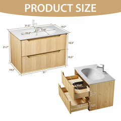 32-Inch Floating Bathroom Vanity with Sink, Pre-assembled, Natural Oak Grid Texture Front, Multi-Layer Solid Wood, Wall-Mounted, White Stone Top, 2 Soft-Close Drawers