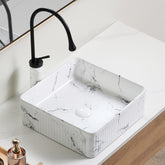 Square Vessel Sink Black White Marble 15"x15" Inch Bathroom Vessel Sink Round Above Counter Sink,Porcelain Ceramic Countertop Washing Art Basin for Vanity Lavatory Bath Cabinet with faucet Darin