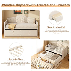 Twin Daybed with Trundle, Twin Size Daybed with 2 Storage Drawers, Wooden Sofa Bed with Upholstered Button Tufted Backrest for Living Room, Bedroom, Guest Room,Beige