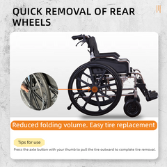 Aluminum Alloy Transport Wheelchair. 18" Seats. With front and Rear Locking Hand Brakes. 24" Quick Remove Rear Wheel.Bright Silver
