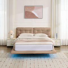 Queen Size Upholstered Floating Bed Frame with LED Lights, Pu Leather Platform Bed with Button-Tufted Headboard, Easy Assembly, No Box Spring Needed, Khaki