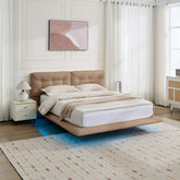 Queen Size Upholstered Floating Bed Frame with LED Lights, Pu Leather Platform Bed with Button-Tufted Headboard, Easy Assembly, No Box Spring Needed, Khaki
