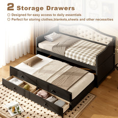 Twin Daybed with Trundle, Twin Size Daybed with 2 Storage Drawers, Wooden Sofa Bed with Upholstered Button Tufted Backrest for Living Room, Bedroom, Guest Room,Black