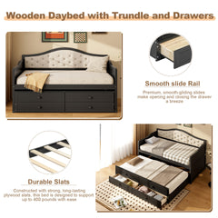 Twin Daybed with Trundle, Twin Size Daybed with 2 Storage Drawers, Wooden Sofa Bed with Upholstered Button Tufted Backrest for Living Room, Bedroom, Guest Room,Black