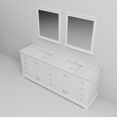 White Double Bath Vanity 84 in. W x 22 in. D, Carrara Marble Top, and 34 in. Mirrors