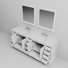 White Double Bath Vanity 84 in. W x 22 in. D, Carrara Marble Top, Faucet Set, and 34 in. Mirrors