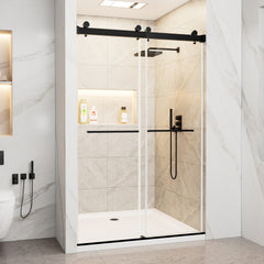 44"-48" W x 76" H Frameless Double Sliding Shower Door, Soft-Close Matte Black Shower Screen, 5/16" (8mm) Clear Tempered Glass With Explosion-proof Film, Dual Stainless Steel Door Handles