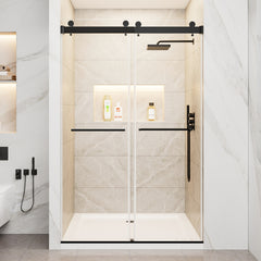 44"-48" W x 76" H Frameless Double Sliding Shower Door, Soft-Close Matte Black Shower Screen, 5/16" (8mm) Clear Tempered Glass With Explosion-proof Film, Dual Stainless Steel Door Handles