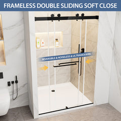 44"-48" W x 76" H Frameless Double Sliding Shower Door, Soft-Close Matte Black Shower Screen, 5/16" (8mm) Clear Tempered Glass With Explosion-proof Film, Dual Stainless Steel Door Handles
