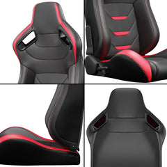2PC Universal Bucket Racing Seats Red Stitch Red PVC Leather Reclinable Carbon Look Leather Red With Adjustor Slider(Not Including Seat Bracket ) 1 box of 2 pieces