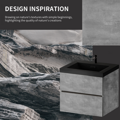 24" Floating Bathroom Vanity with Sink, Wall-Mounted Storage Vanity Cabinet with Black Quartz Sand Top Basin and Soft Close Drawers, Fully Assembled EDI-Series Cement Grey GF-24V12-24GR-W1573P155844