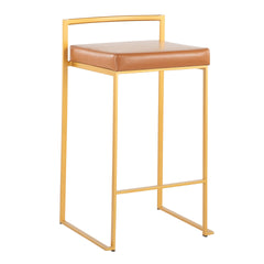 Fuji 26" Contemporary Stackable Counter Stool in Gold Metal with Camel Faux Leather Cushion by LumiSource - Set of 3