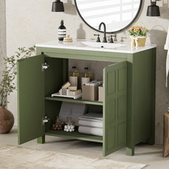 36 " Bathroom Vanity Organizer with Ceramic Sink, Set Bathroom Storage Cabinet, Olive Green