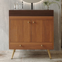 Mid-Century Free-standing Bathroom Vanity with Faux Marble Top & Ceramic Sink, 30" Double Door Storage Cabinet, Waterproof Engineered Wood, Gold Legs