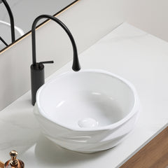 Round Diamond-Quilted Ceramic Vessel Sink - 15.75"×5.9" Textured Bathroom Basin, No Faucet Hole, Gloss White without Drain, Compact for Powder Rooms & RV