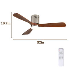 52 Inch Ceiling Fan with Light, 3 Light Walnut Solid Wood Blades,Remote Control,6-speed Reversible DC Motor for Bed Room,Dining Room,Living Room.