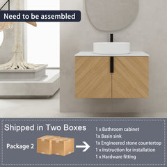30" Bathroom Vanity With Top Ceramic Art Sink and Artificial Stone Slab, 2-Soft Close Door, Wall-Mounted Mounting Design, Plywood (KD-Packing)