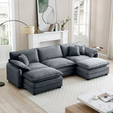 Oversized modular cushioned sofa with conversible ottoman, 3-seater sofa with 2 footstools, U shape sofa inGrey corduroy fabric