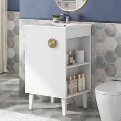 20-inch Bathroom Vanity with Ceramic Sink, Freestanding Single Vanity Set with Soft Closing Door, Chic Half-Moon Pulls, French Style, White