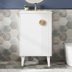 20-inch Bathroom Vanity with Ceramic Sink, Freestanding Single Vanity Set with Soft Closing Door, Chic Half-Moon Pulls, French Style, White