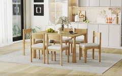 TREXM 7-Piece Retro Dining Table Set for 6, Wood Dining Table Set for 6 with Upholstered Chairs for kitchen & Dining Room (Natural Wood Wash)