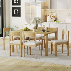 TREXM 7-Piece Retro Dining Table Set for 6, Wood Dining Table Set for 6 with Upholstered Chairs for kitchen & Dining Room (Natural Wood Wash)