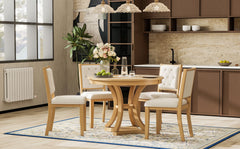 TREXM 5-Piece Retro Functional Dining Table Set Extendable Round Table and 4 Upholstered Chairs for Dining Room and Living Room (Natural)
