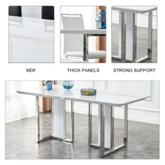 A modern minimalist and luxurious white rectangular with a patterned dining table. MDF table and stainless steel frame. Computer desk. Game table. Used in restaurants and living rooms.W1151S00648