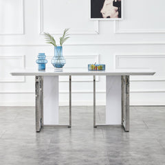 A modern minimalist and luxurious white rectangular with a patterned dining table. MDF table and stainless steel frame. Computer desk. Game table. Used in restaurants and living rooms.W1151S00648