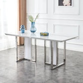 A modern minimalist and luxurious white rectangular with a patterned dining table. MDF table and stainless steel frame. Computer desk. Game table. Used in restaurants and living rooms.W1151S00648