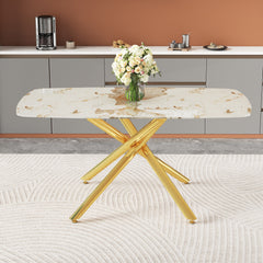 63"x35.4" Luxurious White Marble-Patterned Tempered Glass Dining Table for 4-6 people.Single Fork Gold Metal Table Legs.Tempered Glass Table Top,Gold Metal Leg.Make it Adaptable To Various Styles.