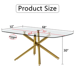 Large Modern Minimalist Rectangular Glass Dining Table with 0.39" Tempered Glass Top and Gilded Metal Legs for Kitchen, Dining Room, Living Room, Meeting Room, Ballroom 71" x 35.4" x 30".W1151S00840