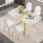 Table and chair set.63"x35.4" Luxurious White Marble-Patterned Tempered Glass Dining Table.Paired with 4 white dining chairs made of linen fabric.Suitable for restaurants, kitchens.
