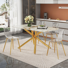 Table and chair set. 63" x 35.4" Luxurious White Marble-Patterned Tempered Glass Dining Table.Paired with 4 Transparent Plastic Chairs with Gold Metal Legs.Bring a comfortable home experience.