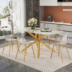 Table and chair set. 63" x 35.4" Luxurious White Marble-Patterned Tempered Glass Dining Table.Paired with 6 Transparent Plastic Chairs with Gold Metal Legs.Bring a comfortable home experience.
