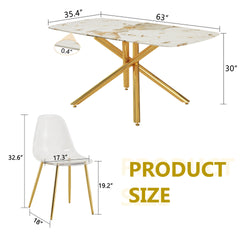 Table and chair set. 63" x 35.4" Luxurious White Marble-Patterned Tempered Glass Dining Table.Paired with 6 Transparent Plastic Chairs with Gold Metal Legs.Bring a comfortable home experience.