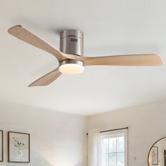 52 inch Mordern Cozy Natural Style Solid Wood Low Profile Flush Mount Intergrated LED Ceiling Fan with Light