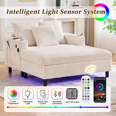 UNITED WE WIN Modern Corduroy Oversized Recliner Sofa with Deep Seat, 3 Pillows, USB Charging, RGB LED Light Strip, Cup Holder, Side Pocket - Suitable for Living Room and Bedroom