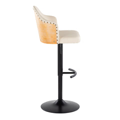 Ahoy Contemporary Adjustable Barstool with Swivel in Black Metal, Natural Bamboo Wood and Cream Faux Leather with Rounded T Footrest by LumiSource - Set of 2