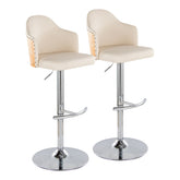 Ahoy Contemporary Adjustable Barstool with Swivel in Chrome Metal, Natural Bamboo Wood and Cream Faux Leather with Rounded T Footrest by LumiSource - Set of 2