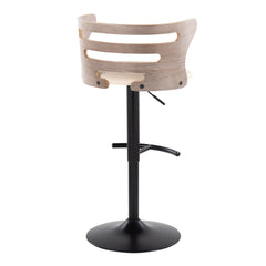 Cosi Mid-Century Modern Adjustable Barstool with Swivel in Black Metal, Light Grey Wood and Cream Faux Leather with Rounded T Footrest by LumiSource - Set of 2
