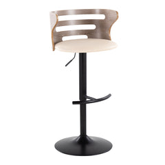 Cosi Mid-Century Modern Adjustable Barstool with Swivel in Black Metal, Light Grey Wood and Cream Faux Leather with Rounded T Footrest by LumiSource - Set of 2