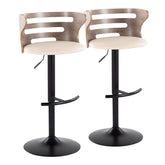 Cosi Mid-Century Modern Adjustable Barstool with Swivel in Black Metal, Light Grey Wood and Cream Faux Leather with Rounded T Footrest by LumiSource - Set of 2
