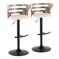 Cosi Mid-Century Modern Adjustable Barstool with Swivel in Black Metal, Light Grey Wood and Cream Faux Leather with Rounded T Footrest by LumiSource - Set of 2