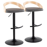 Grotto Contemporary Adjustable Barstool with Swivel in Black Metal, Natural Wood and Grey Faux Leather with Rounded T Footrest by LumiSource - Set of 2