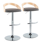 Grotto Contemporary Adjustable Barstool with Swivel in Chrome Metal, Natural Wood and Grey Faux Leather with Rounded T Footrest by LumiSource - Set of 2