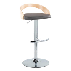 Grotto Contemporary Adjustable Barstool with Swivel in Chrome Metal, Natural Wood and Grey Faux Leather with Rounded T Footrest by LumiSource - Set of 2