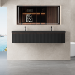 72'' Floating Bathroom Vanity with Sink, Wall-Mounted Striped Bathroom Storage Cabinet with Soft-Close Drawer and Double Quartz Sand Basins, Fully Assembled, Smoked Walnut 24V16-72WAB-W1920P385469