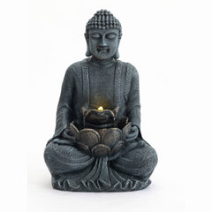 Zen-Style 2-Tier Meditating Buddha Water Fountain with Pump & LED Light, Outdoor Waterfall & Buddha Statue for Garden, Patio & Backyard, 28" Height